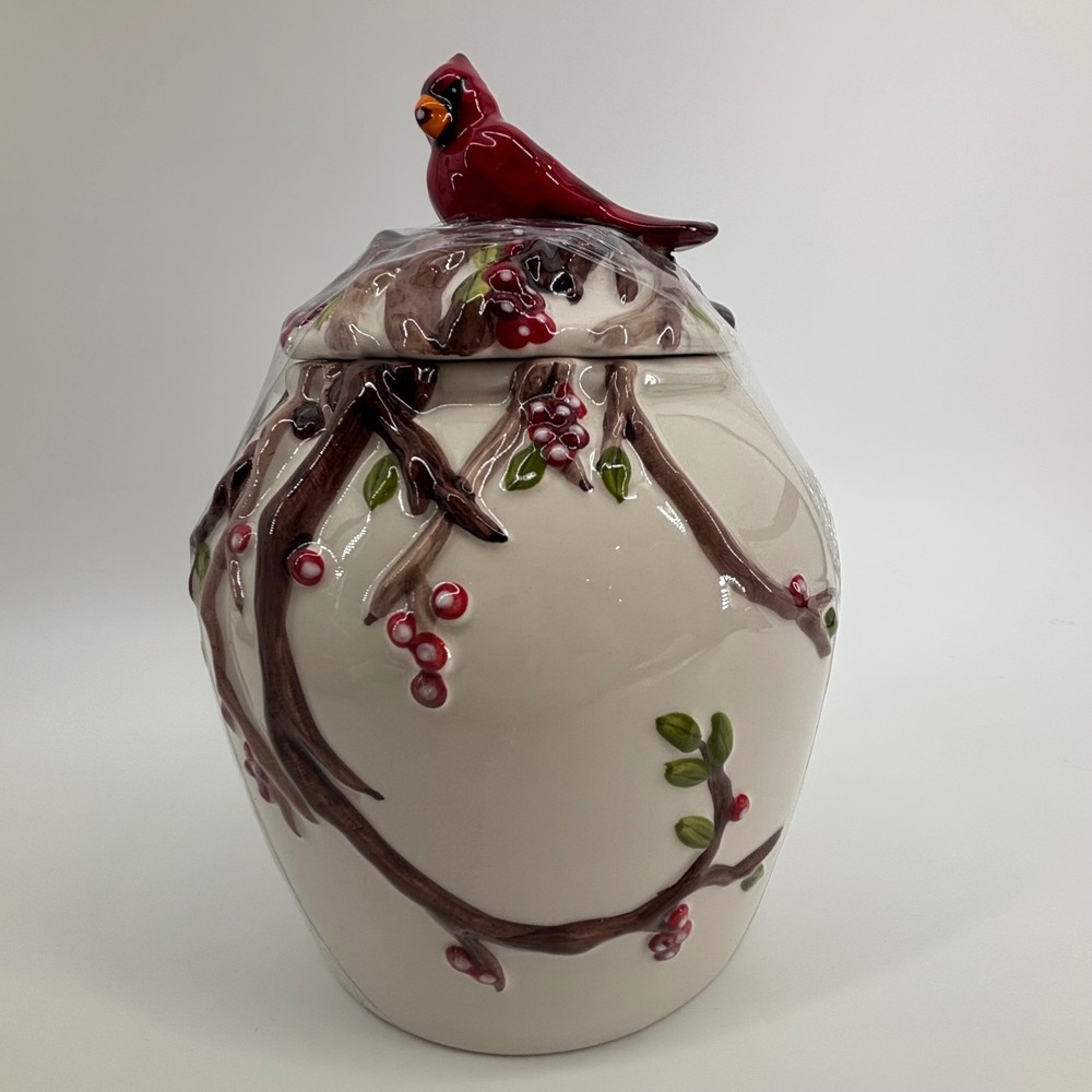 Blue Sky Sleigh Bell Bistro Cardinal Winter Ceramic Cookie Jar HL 9129436 NEW